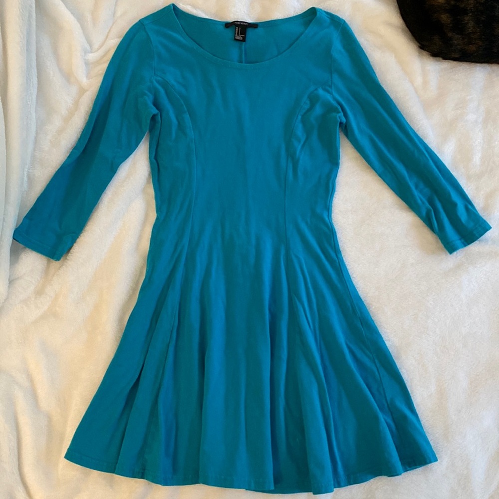 Flared aqua skater dress, 3/4 sleeve